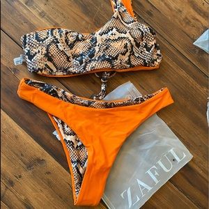 Snake print and mandarin orange reversible bikini
